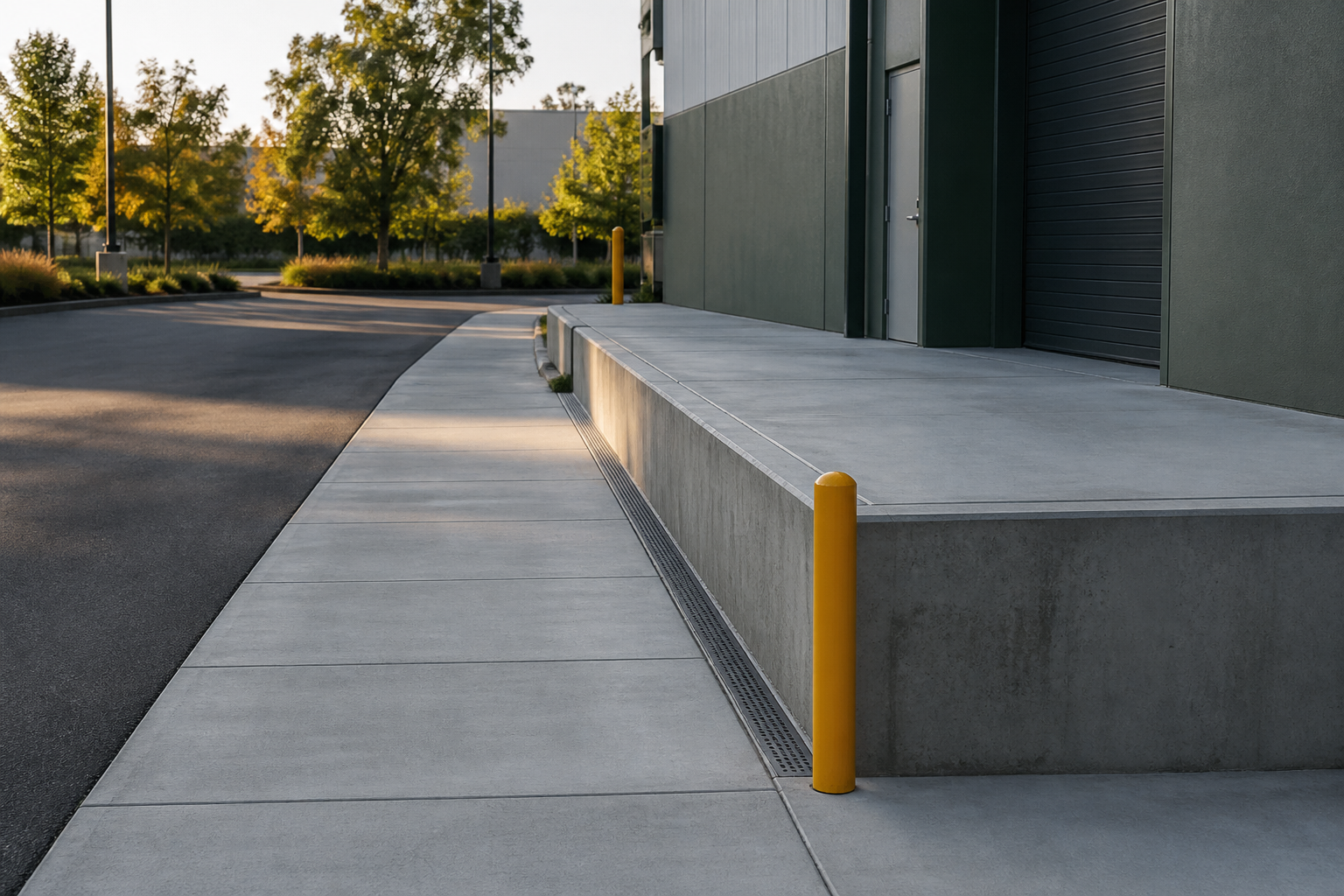 Commercial concrete loading pad and facility sidewalk with drainage edge