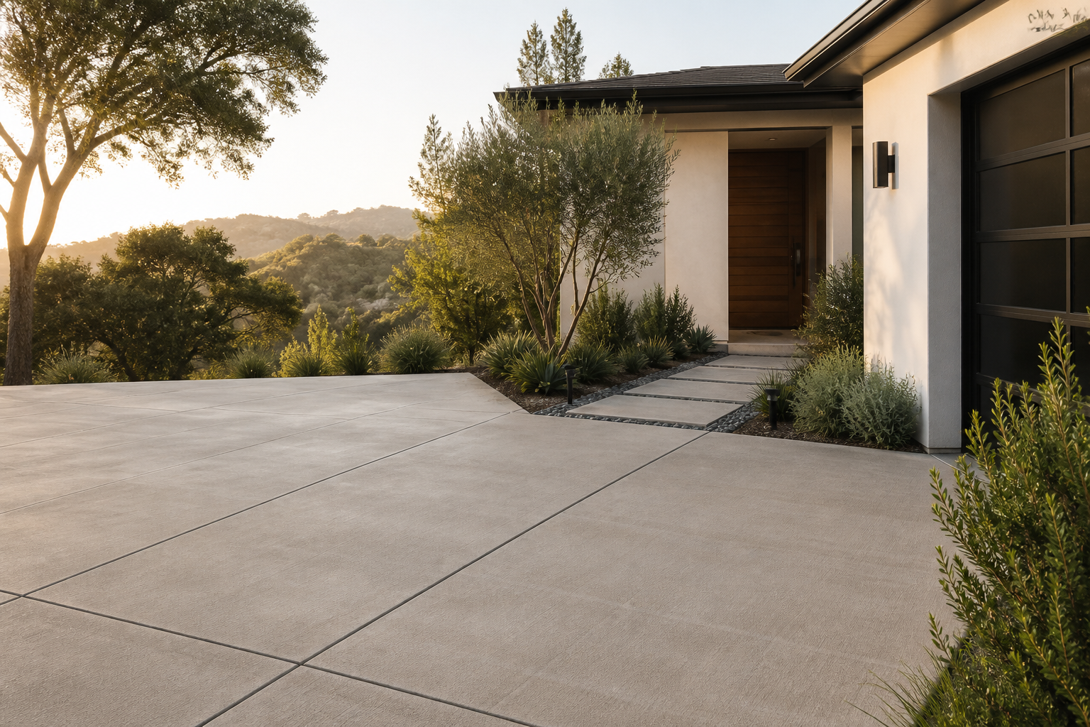 Fresh concrete driveway and entry path at a Hayward-area home